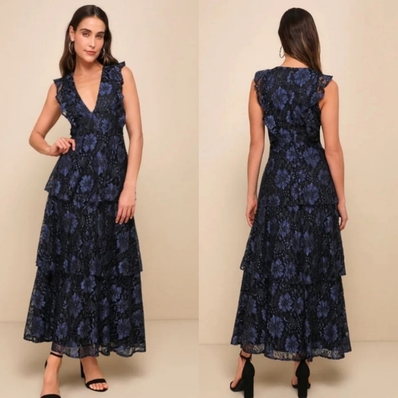 Lulu's Molinetto Navy Blue Lace Ruffled Tiered Sleeveless Maxi Dress Party - Picture 1 of 11